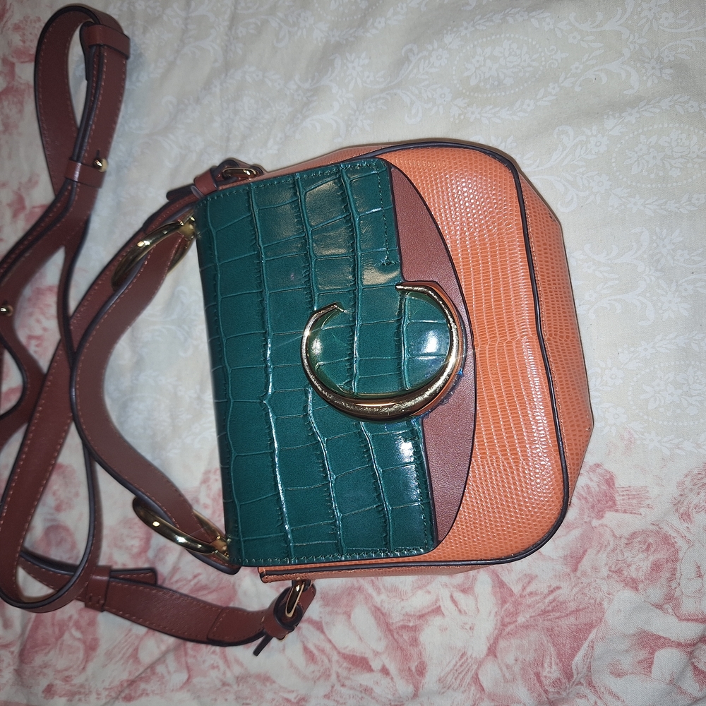 Green and Orange Crossbody Bag with Croc-Embossed Detail